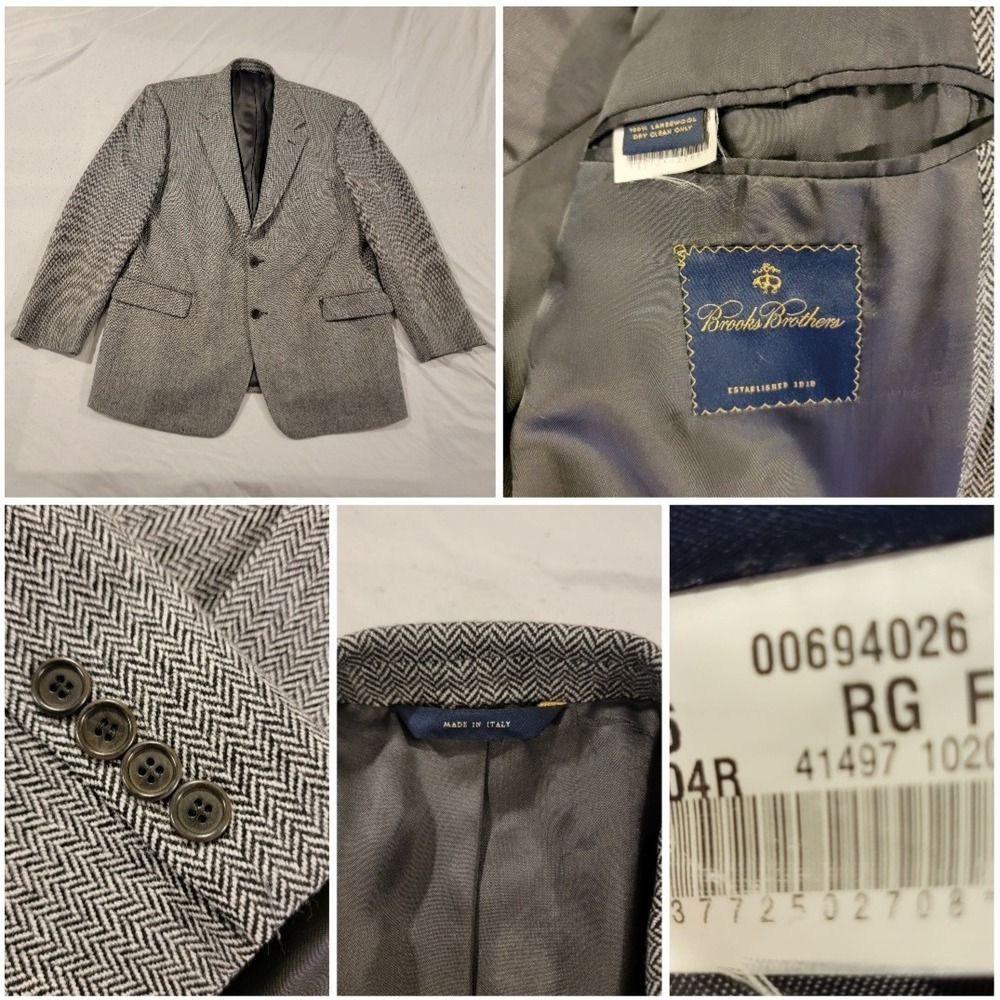 Brooks Brothers Herringbone Lambswool   Blazer Mens 46R Gray Made In Italy Prep